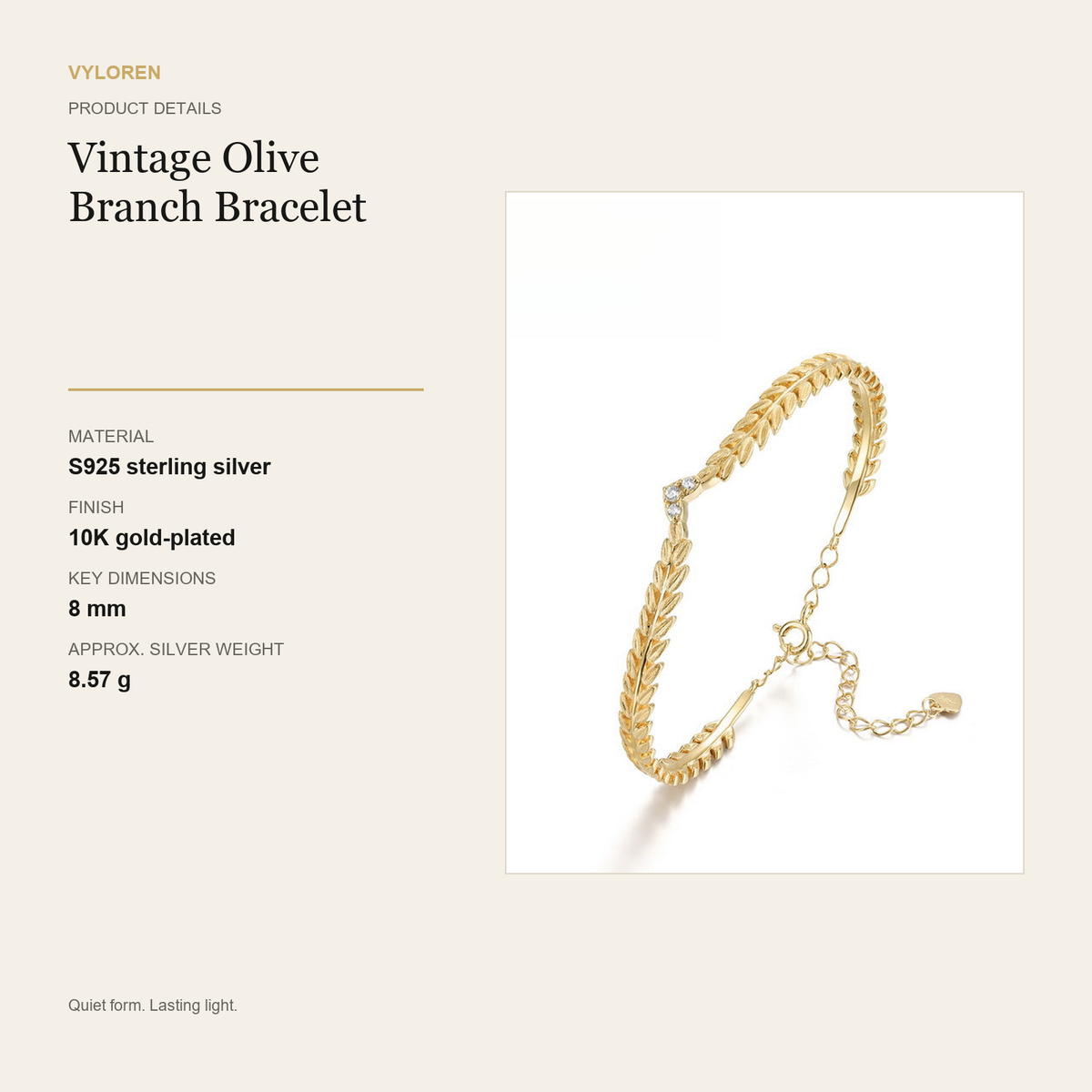 VYLOREN Vintage Olive Branch Bracelet product details card