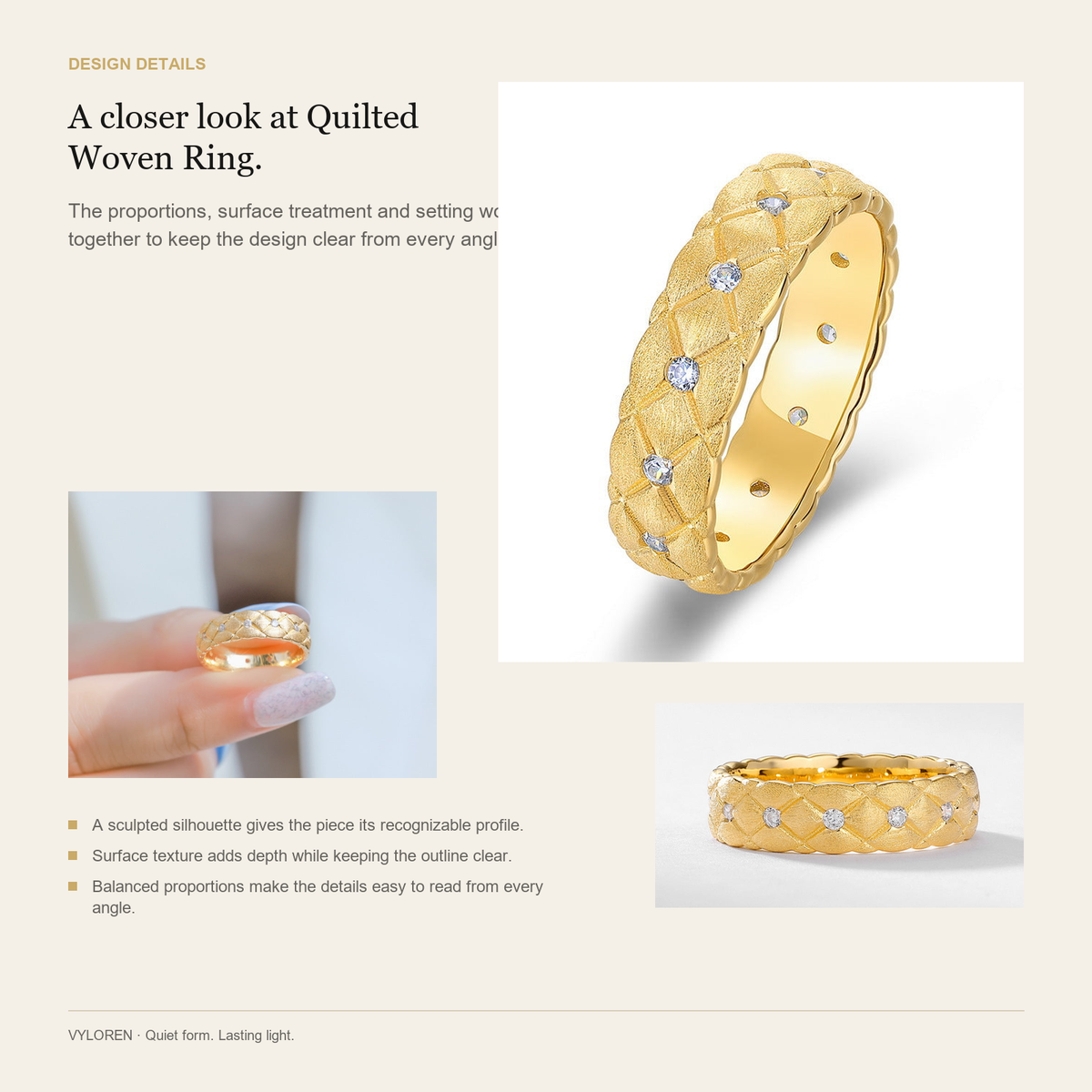 VYLOREN Quilted Woven Ring design details card