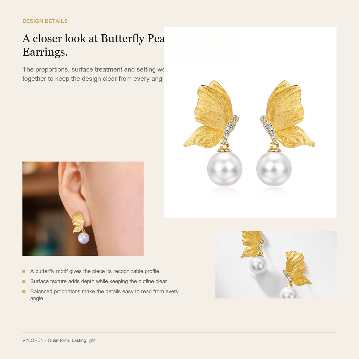 VYLOREN Butterfly Pearl Earrings design details card