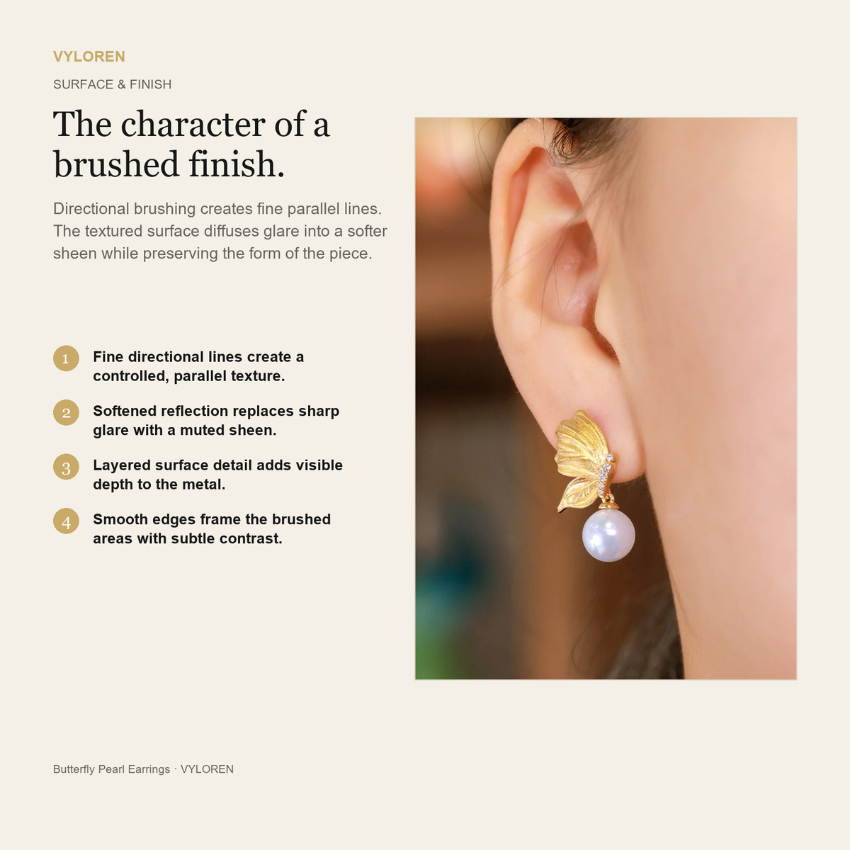 VYLOREN Butterfly Pearl Earrings brushed finish card