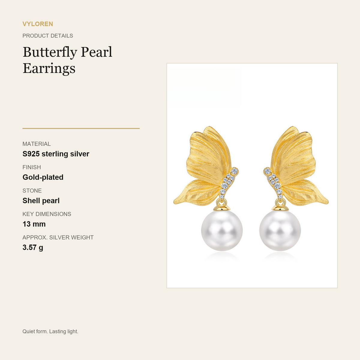 VYLOREN Butterfly Pearl Earrings product details card