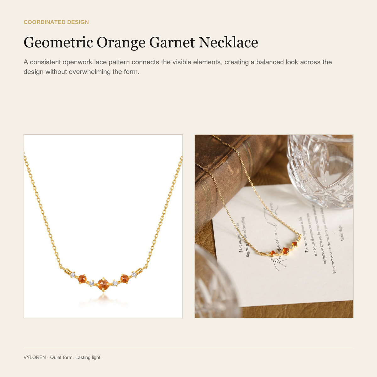 VYLOREN Geometric Orange Garnet Necklace coordinated design card