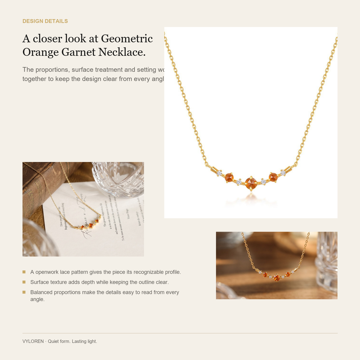 VYLOREN Geometric Orange Garnet Necklace design details card