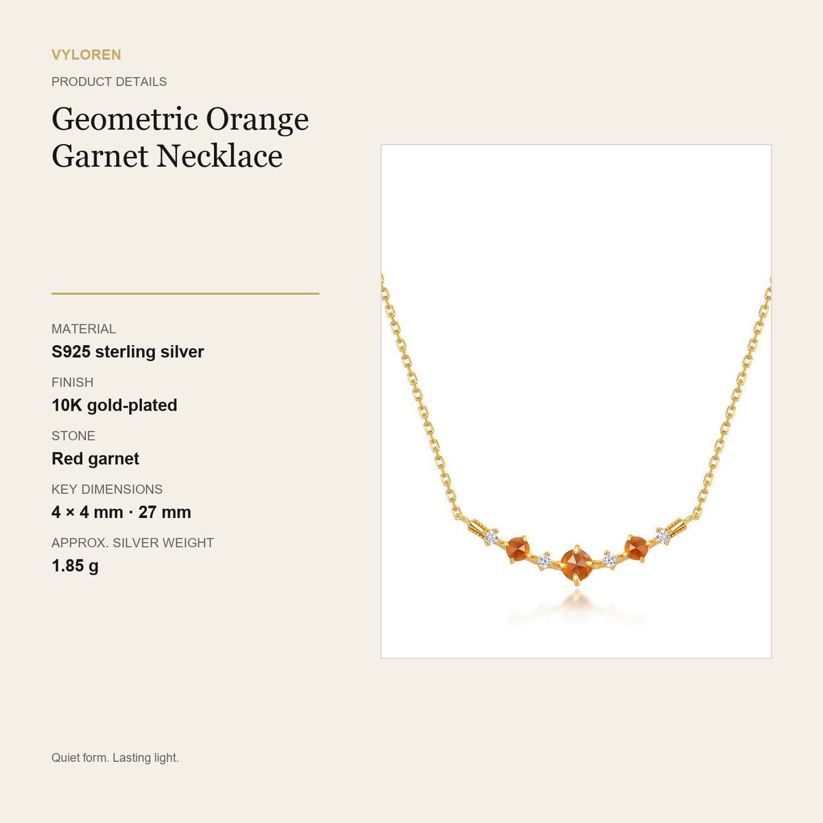 VYLOREN Geometric Orange Garnet Necklace product details card