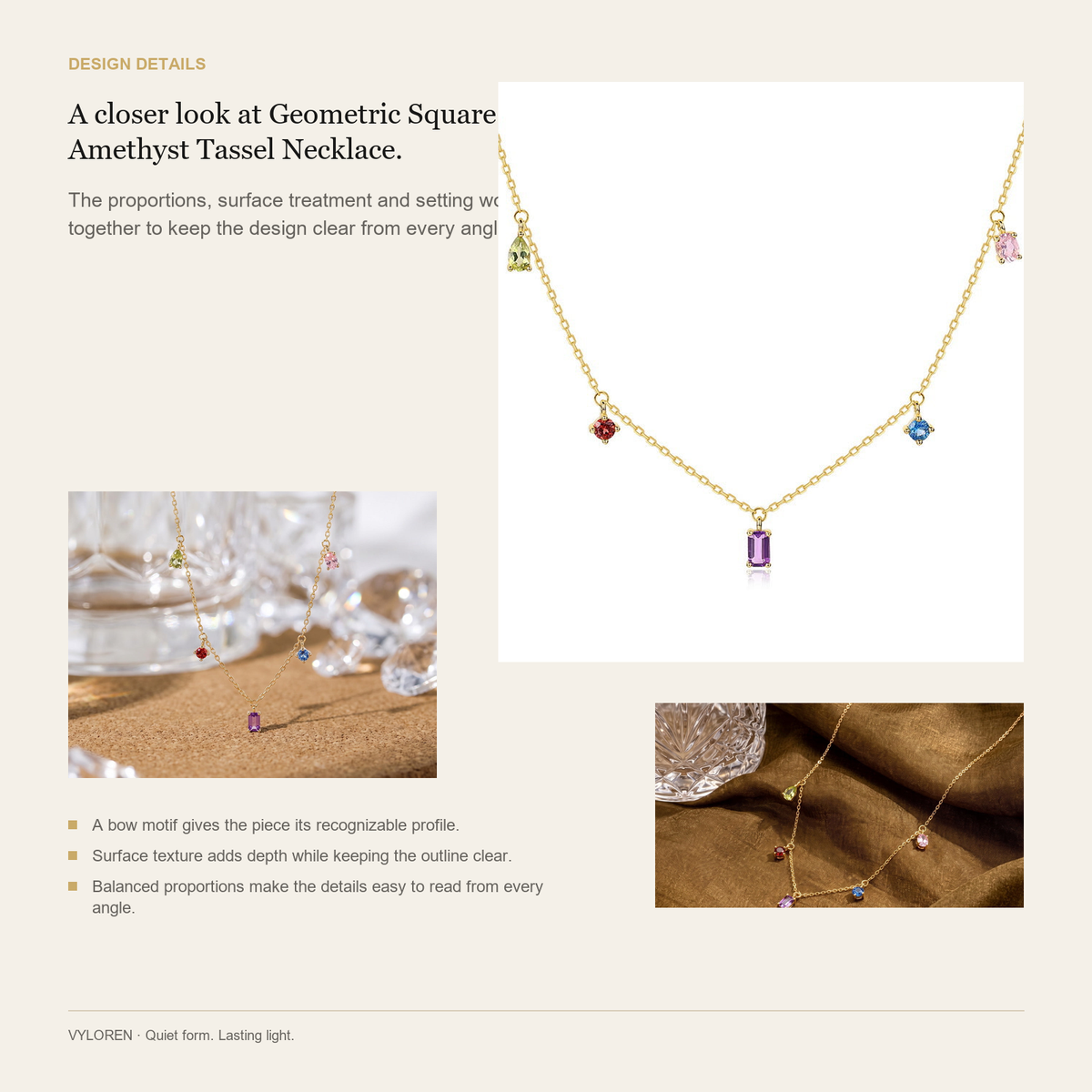 VYLOREN Geometric Square Amethyst Tassel Necklace design details card