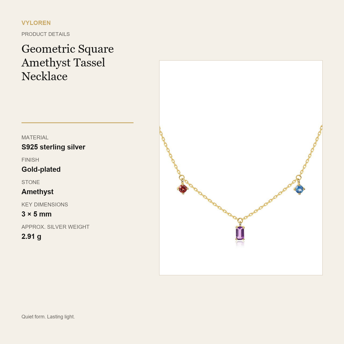 VYLOREN Geometric Square Amethyst Tassel Necklace product details card
