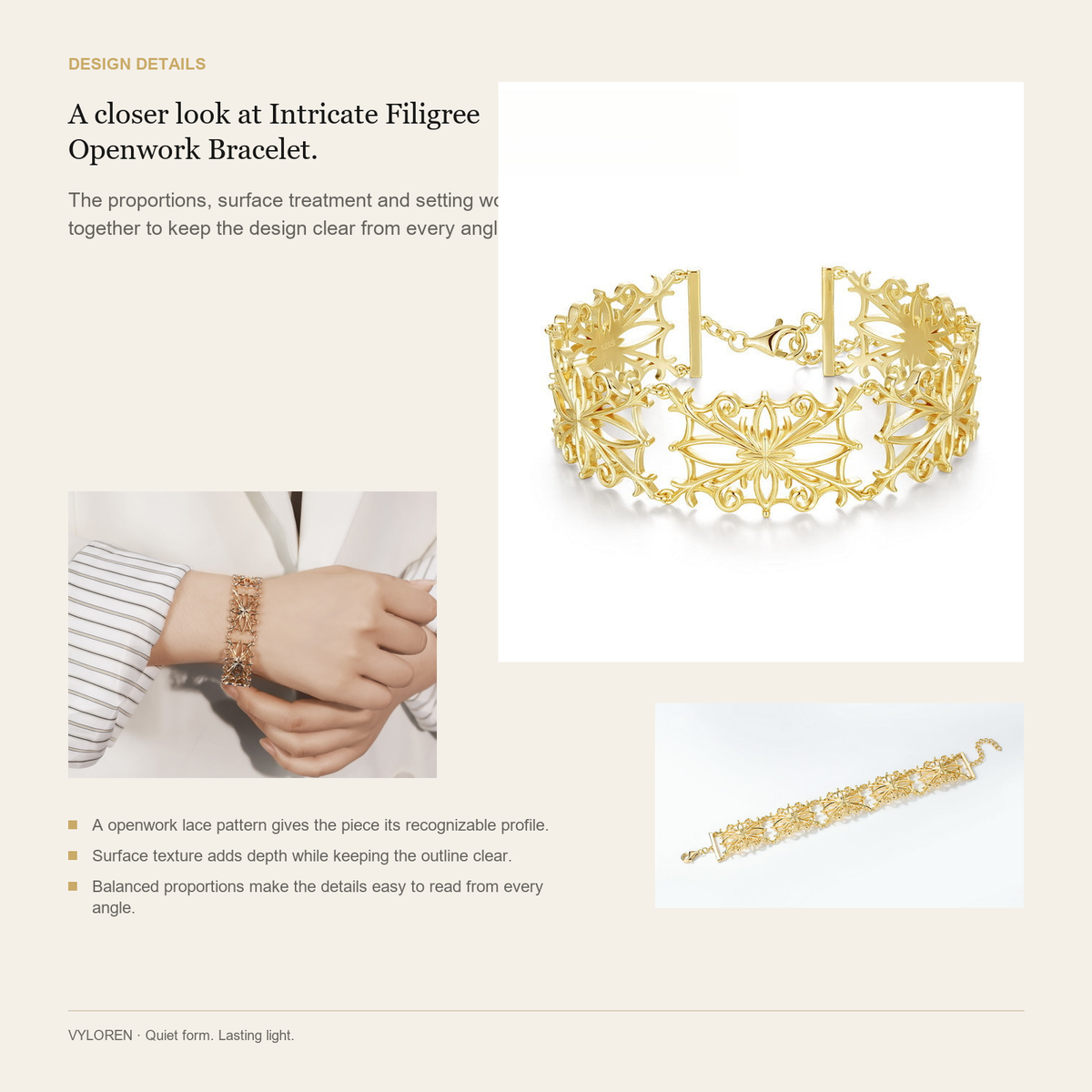 VYLOREN Intricate Filigree Openwork Bracelet design details card