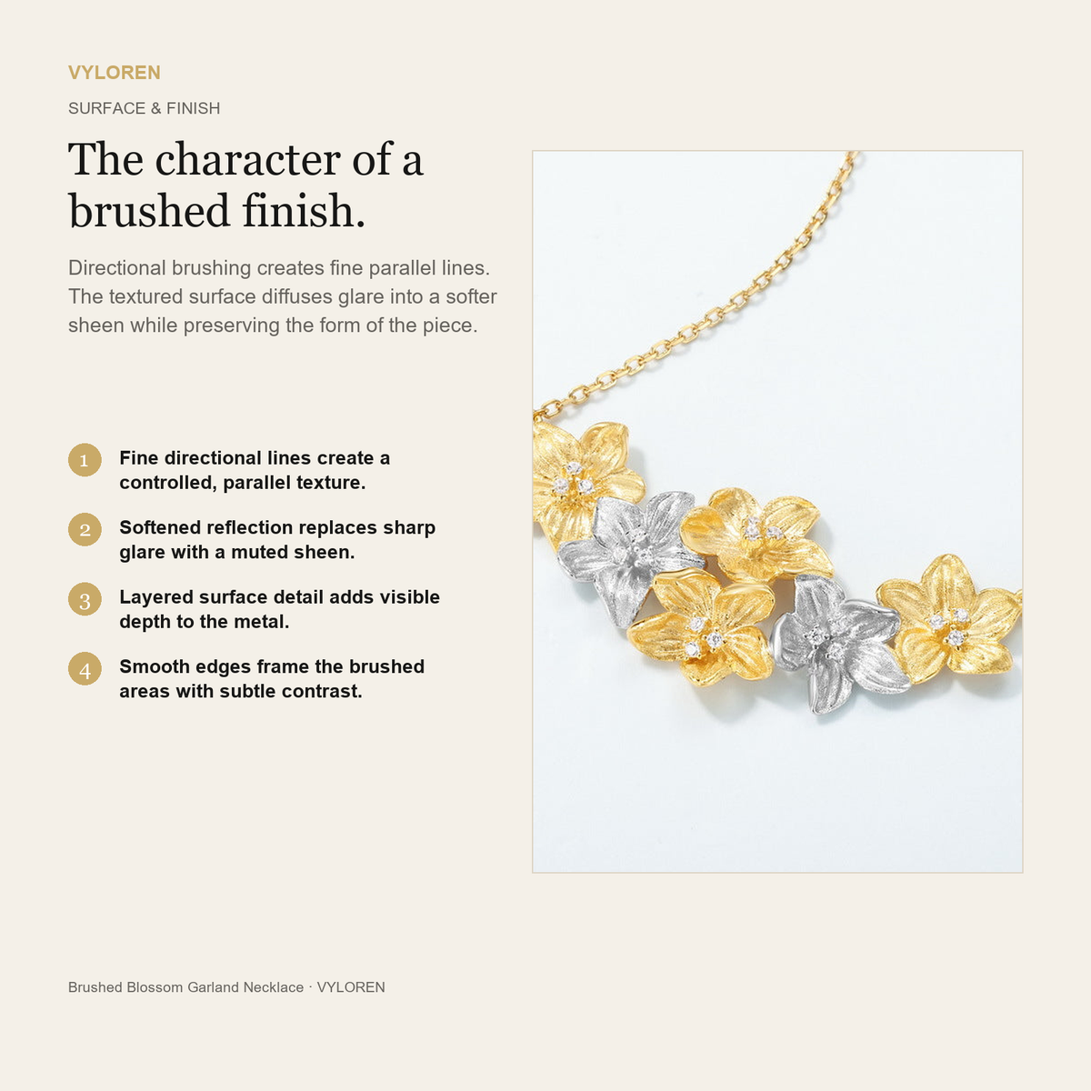 VYLOREN Brushed Blossom Garland Necklace brushed finish card