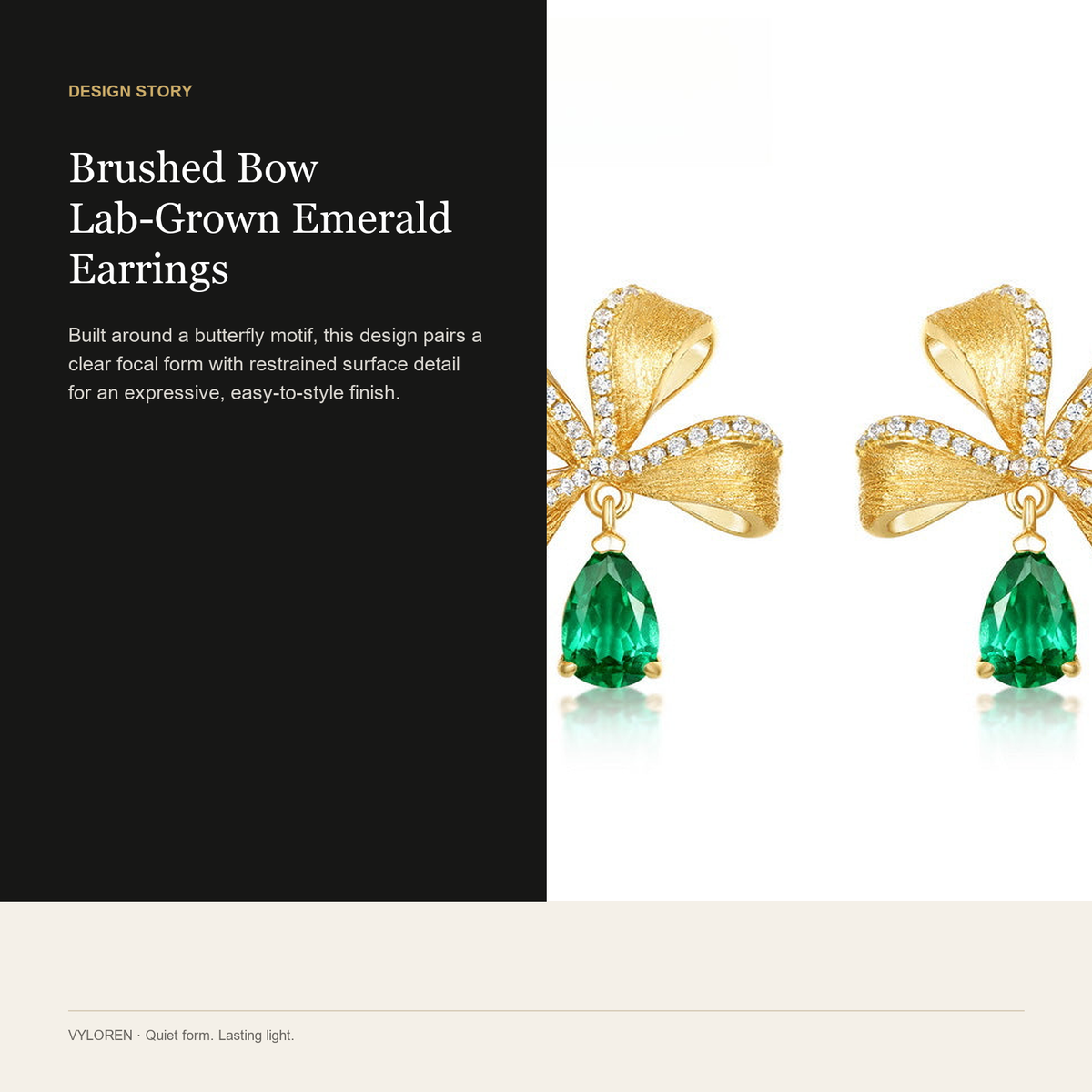 VYLOREN Brushed Bow Lab-Grown Emerald Earrings design story card