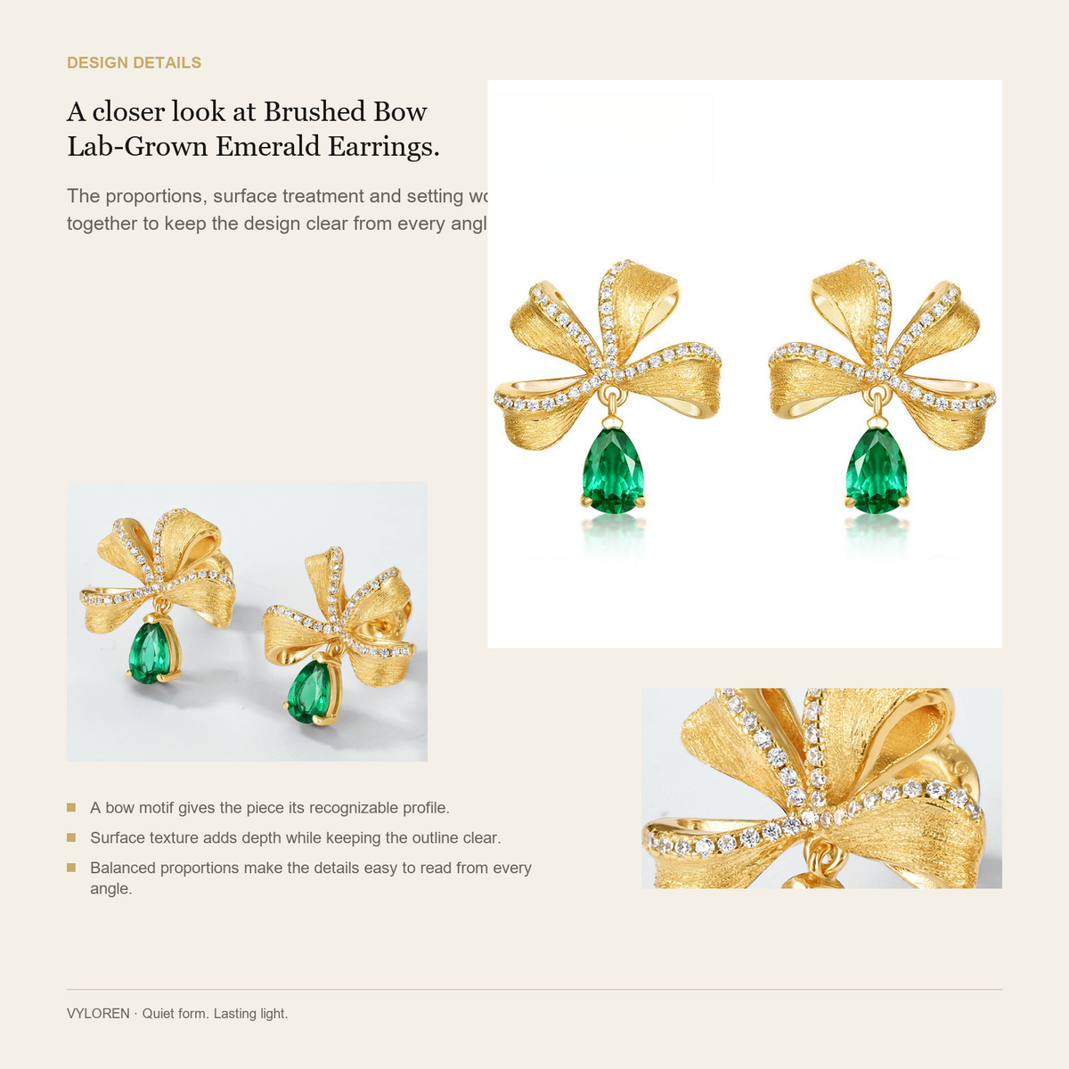 VYLOREN Brushed Bow Lab-Grown Emerald Earrings design details card