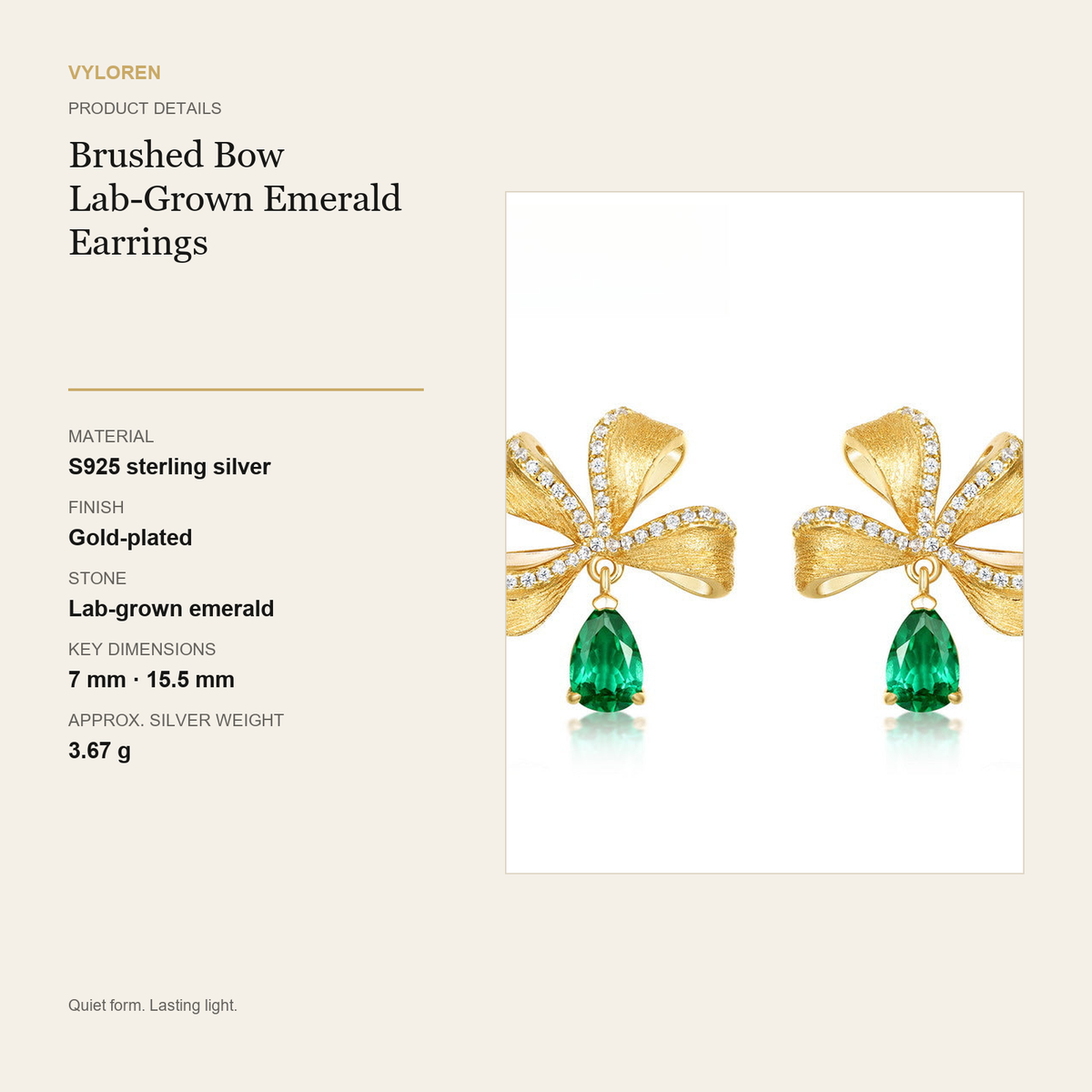 VYLOREN Brushed Bow Lab-Grown Emerald Earrings product details card