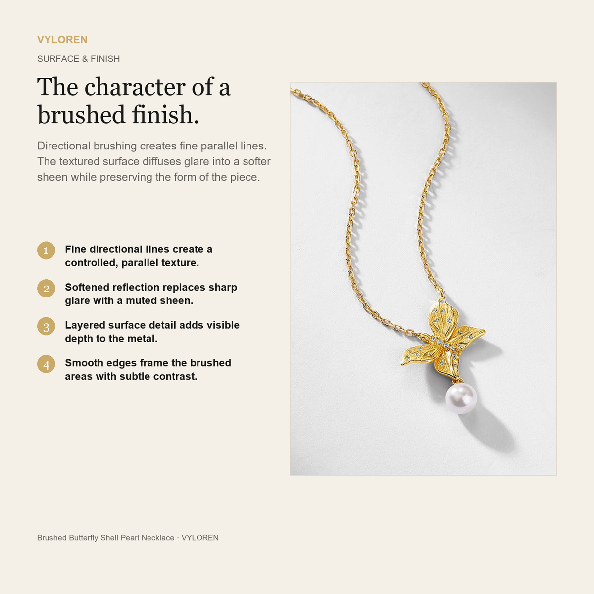 VYLOREN Brushed Butterfly Shell Pearl Necklace brushed finish card