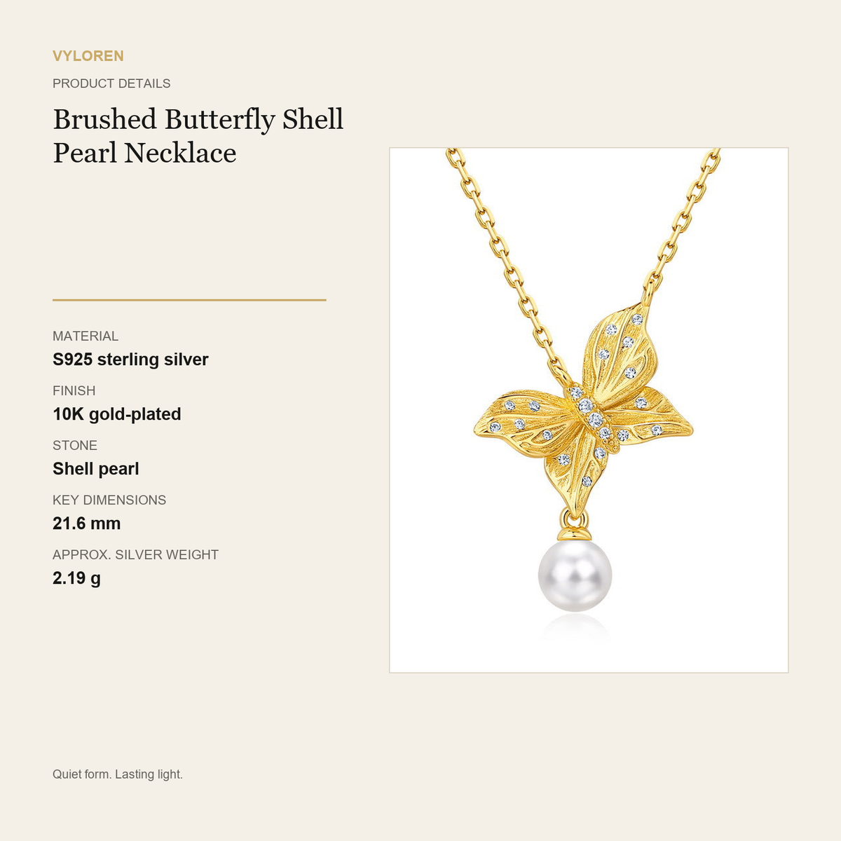 VYLOREN Brushed Butterfly Shell Pearl Necklace product details card