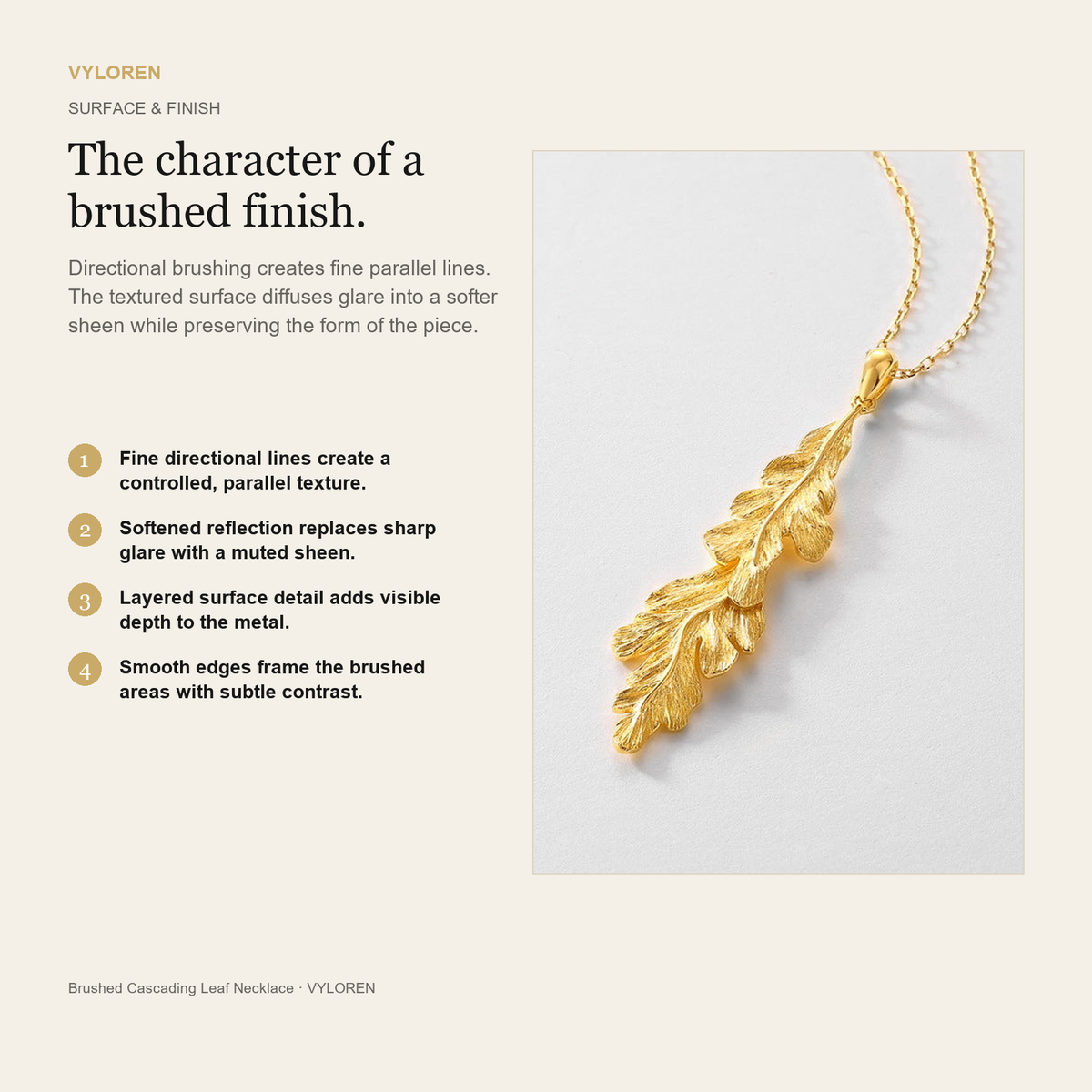 VYLOREN Brushed Cascading Leaf Necklace brushed finish card