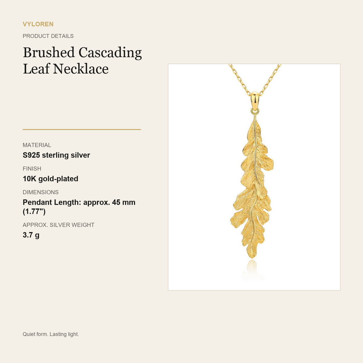 VYLOREN Brushed Cascading Leaf Necklace product details card