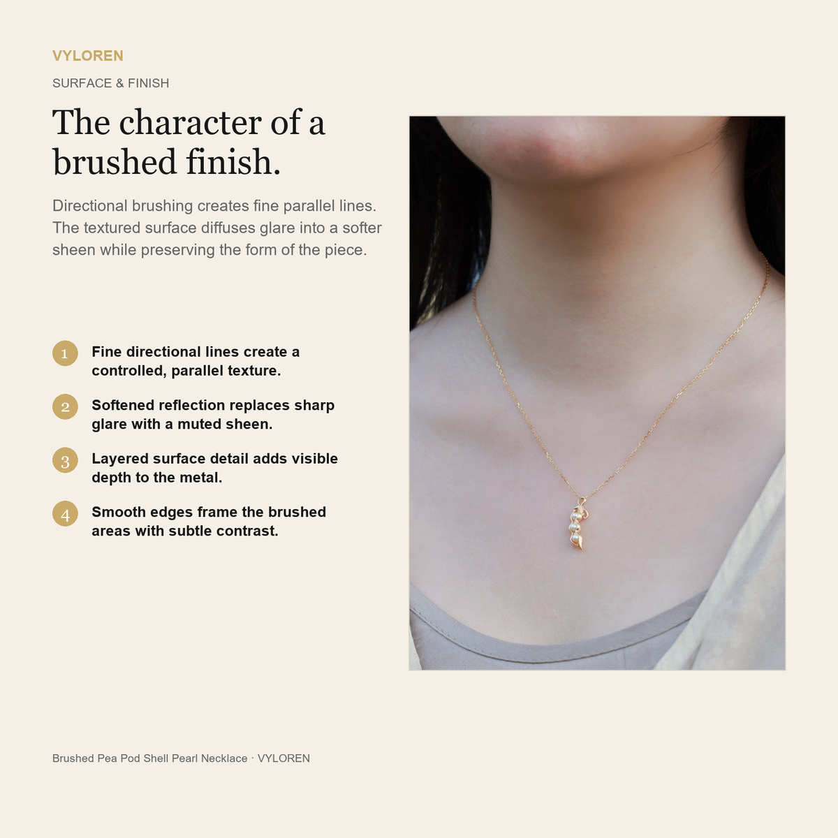 VYLOREN Brushed Pea Pod Shell Pearl Necklace brushed finish card