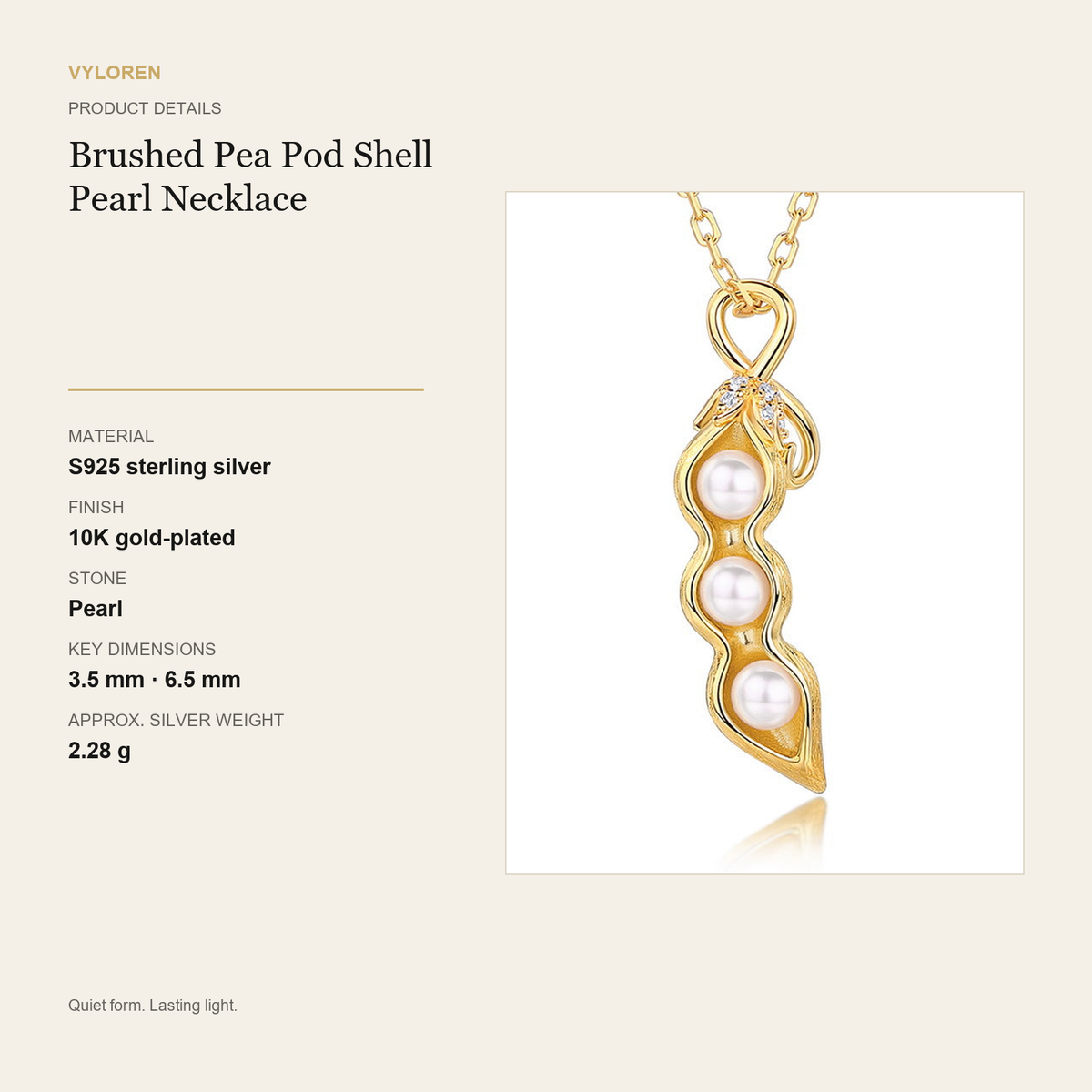 VYLOREN Brushed Pea Pod Shell Pearl Necklace product details card