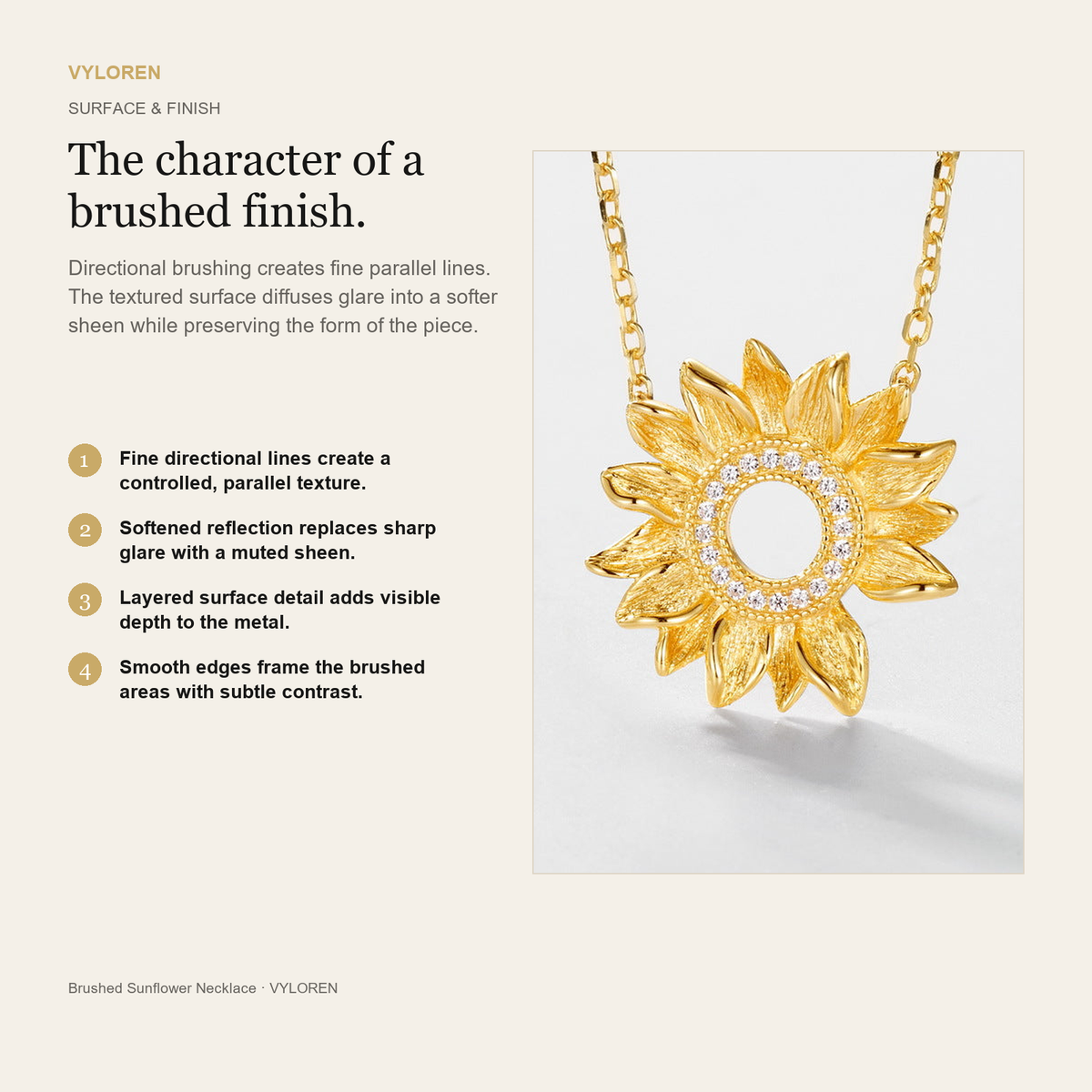 VYLOREN Brushed Sunflower Necklace brushed finish card