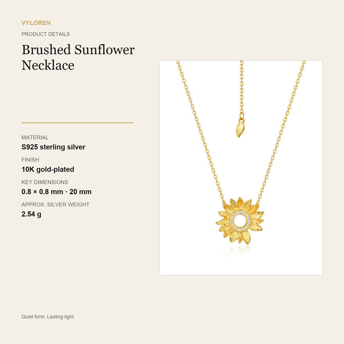 VYLOREN Brushed Sunflower Necklace product details card