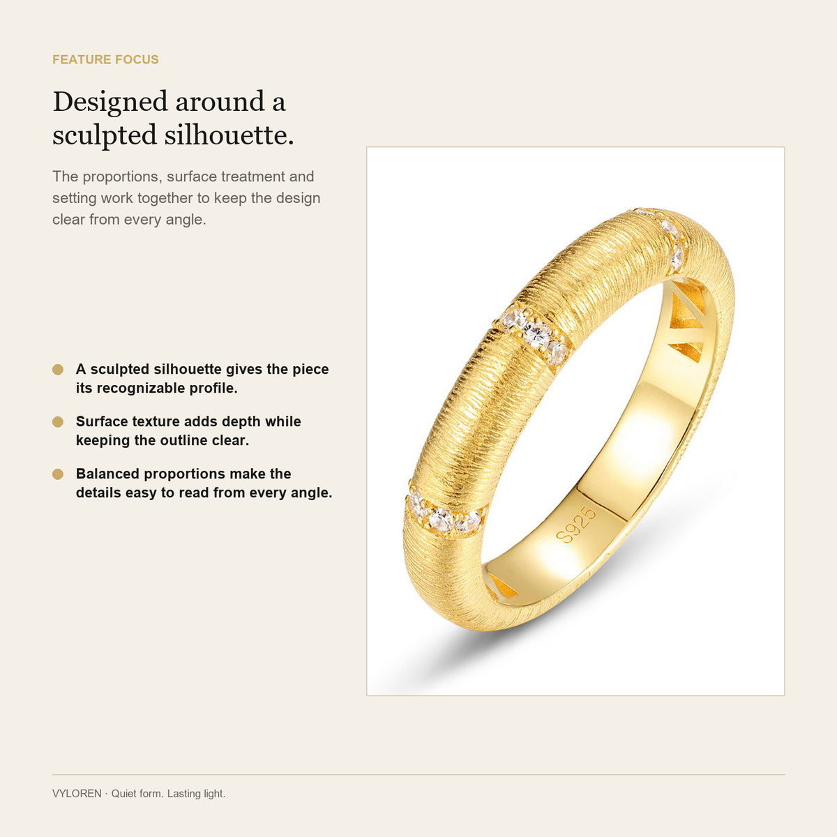 VYLOREN Brushed Wire-Drawn Ring feature focus card