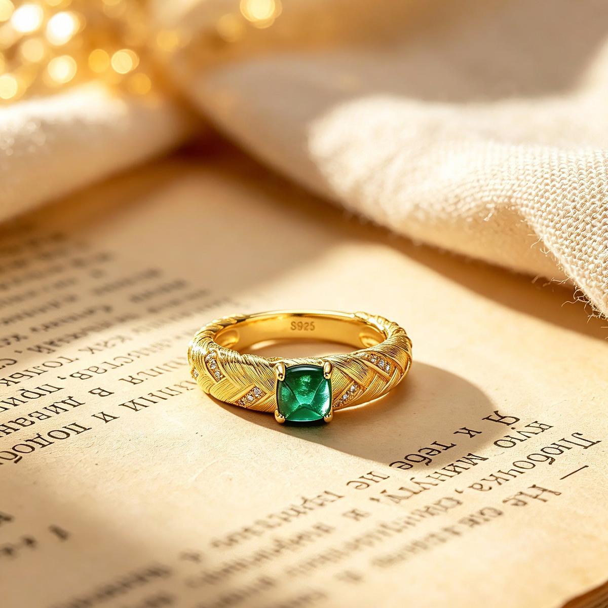 Woven gold-tone ring with a rectangular green center stone on an open book