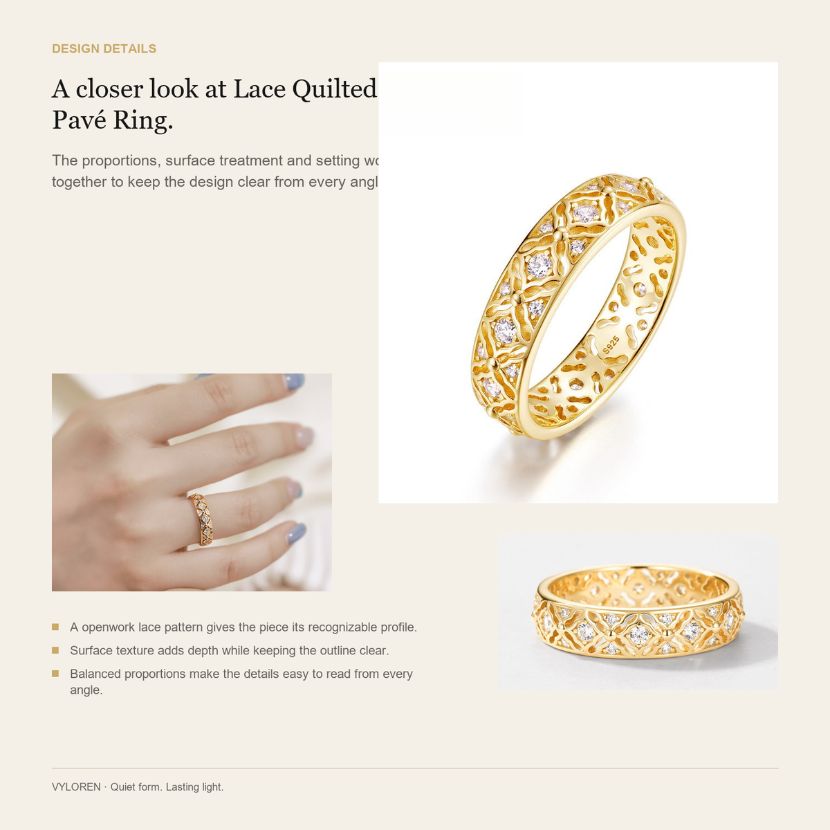 VYLOREN Lace Quilted Pavé Ring design details card