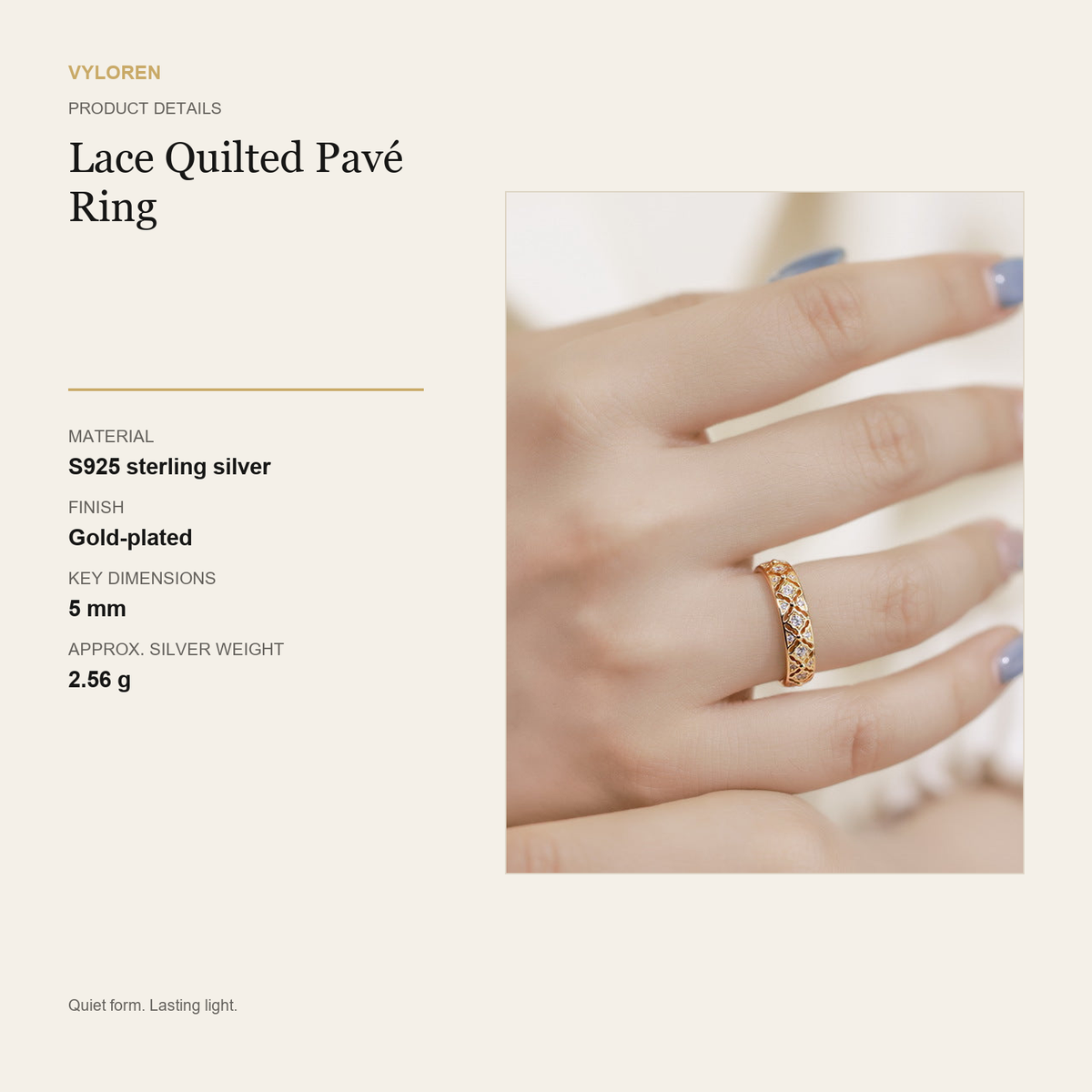 VYLOREN Lace Quilted Pavé Ring product details card