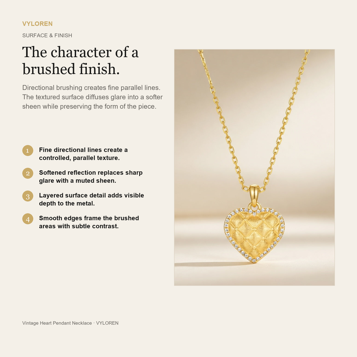 VYLOREN Vintage Heart Pendant Necklace brushed finish card