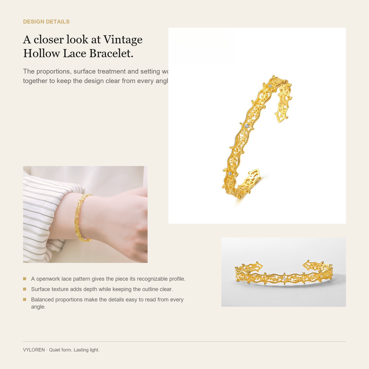 VYLOREN Vintage Hollow Lace Bracelet design details card