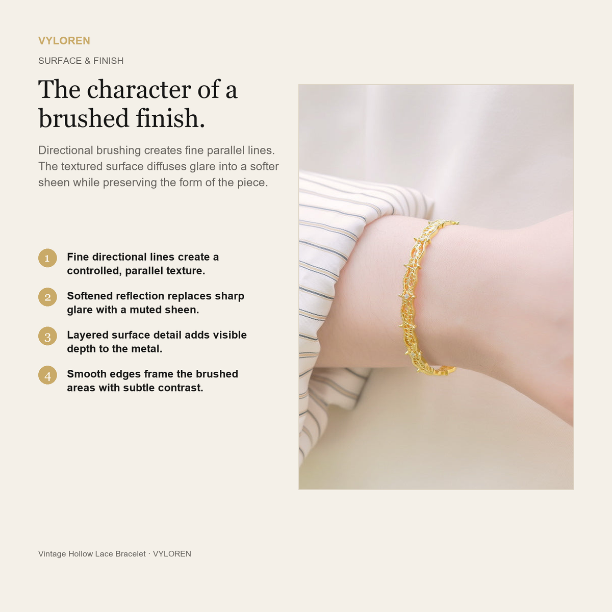 VYLOREN Vintage Hollow Lace Bracelet brushed finish card