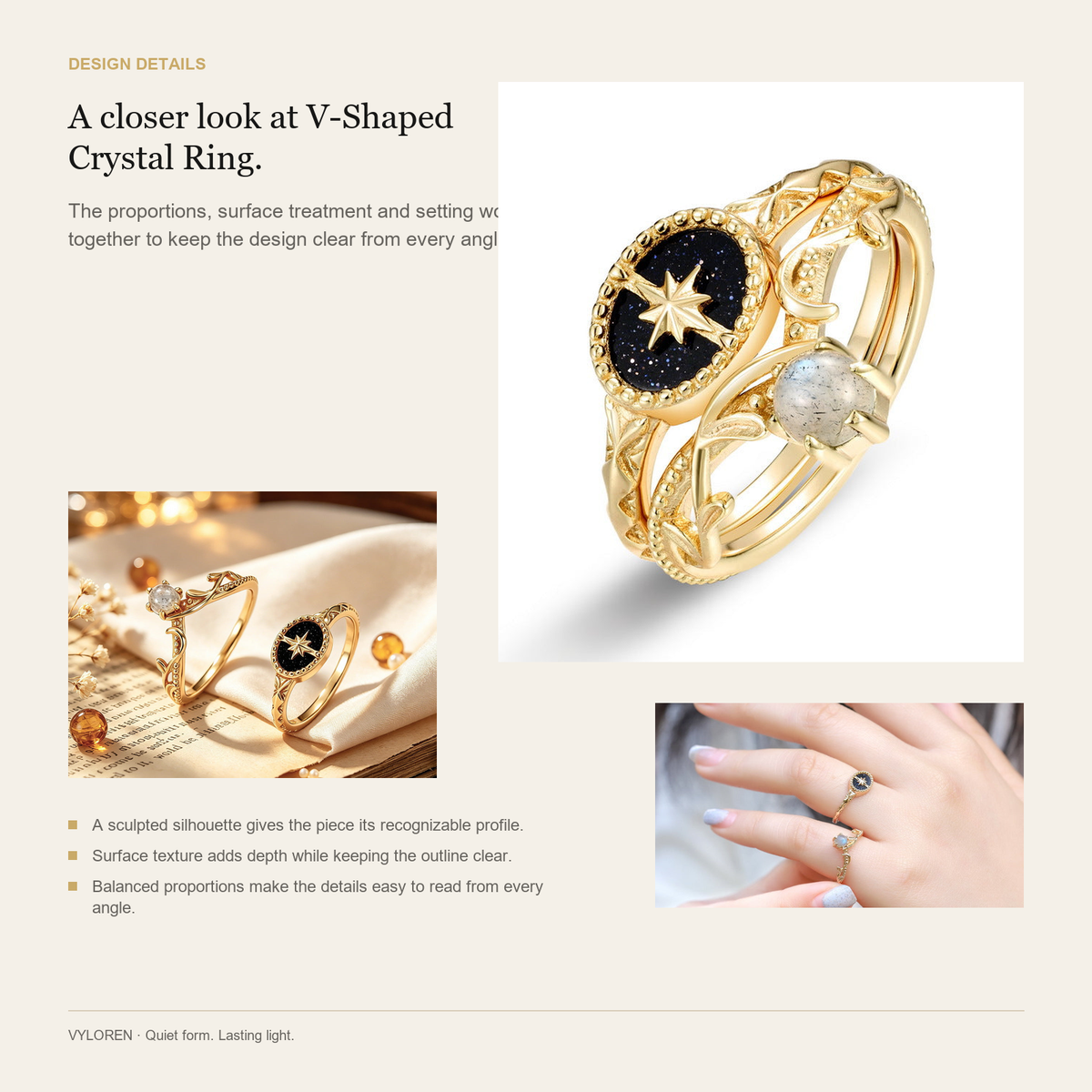 VYLOREN V-Shaped Crystal Ring design details card