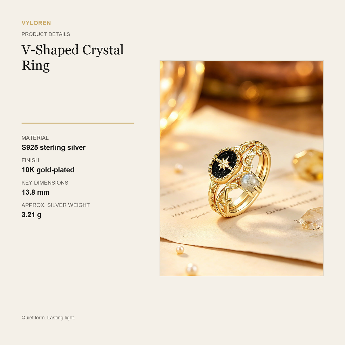 VYLOREN V-Shaped Crystal Ring product details card
