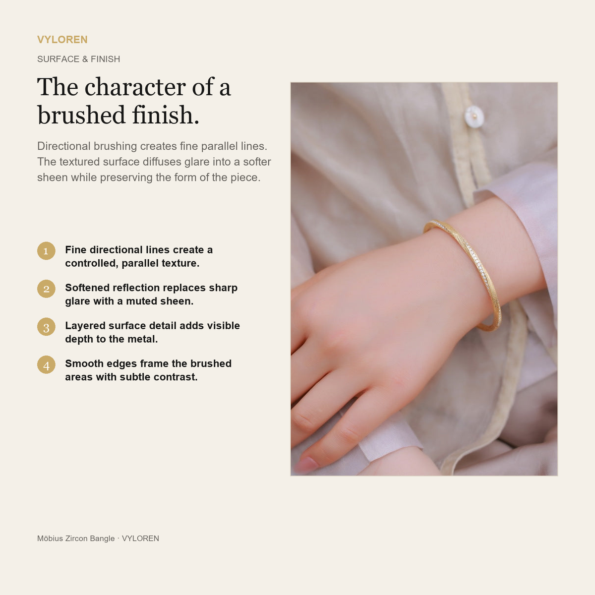 VYLOREN Möbius Zircon Bangle brushed finish card