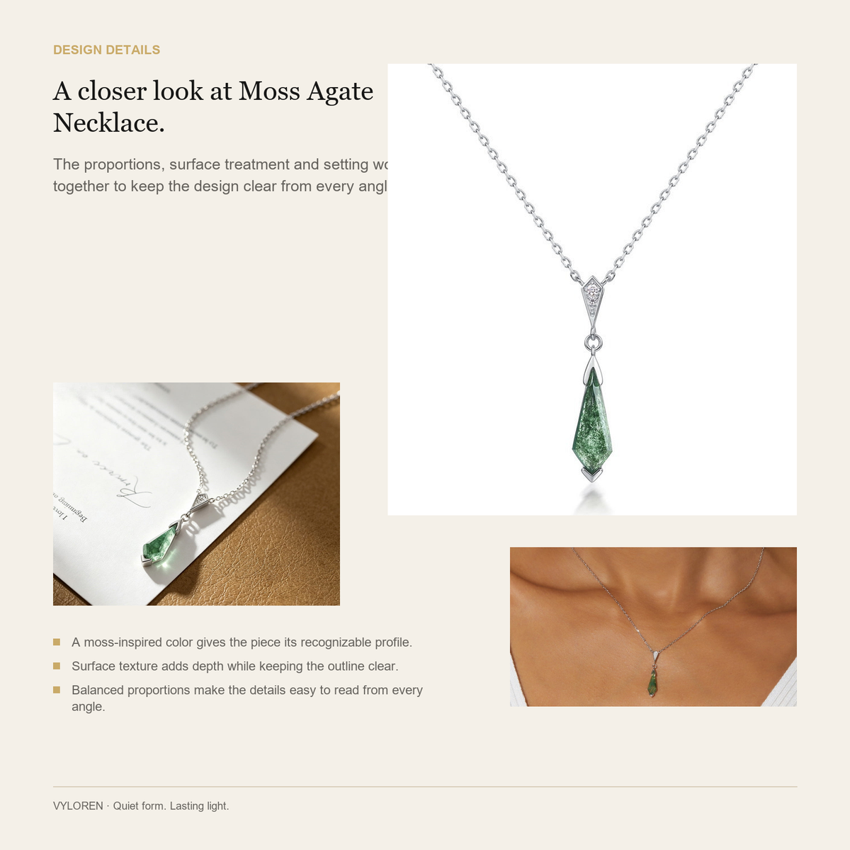VYLOREN Moss Agate Necklace design details card