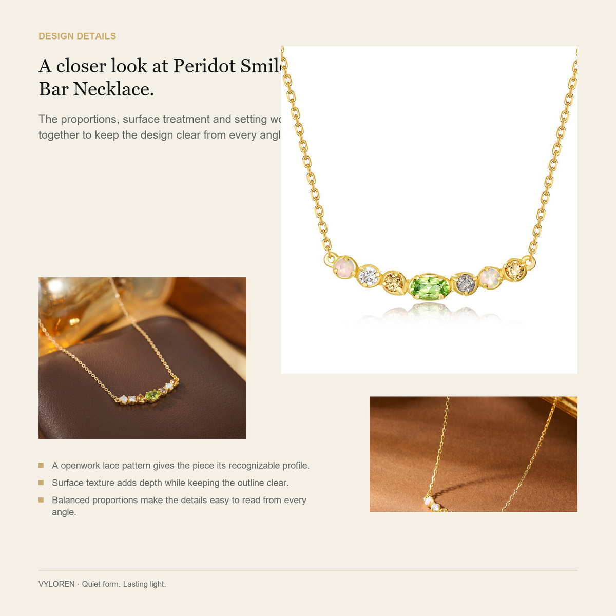 VYLOREN Peridot Smile Bar Necklace design details card