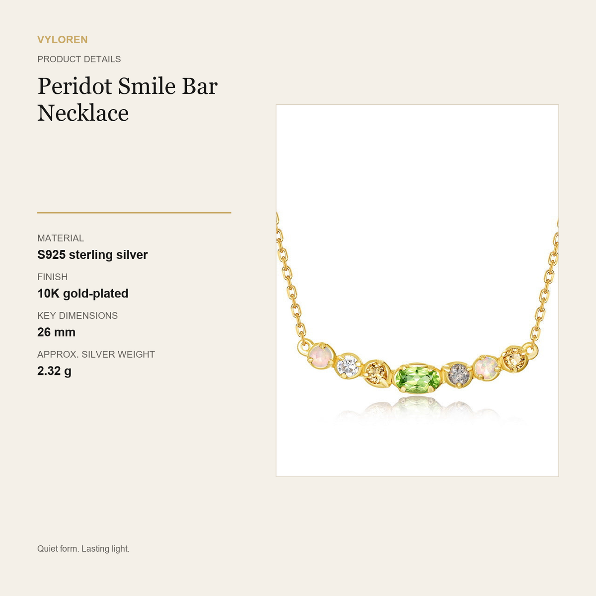 VYLOREN Peridot Smile Bar Necklace product details card