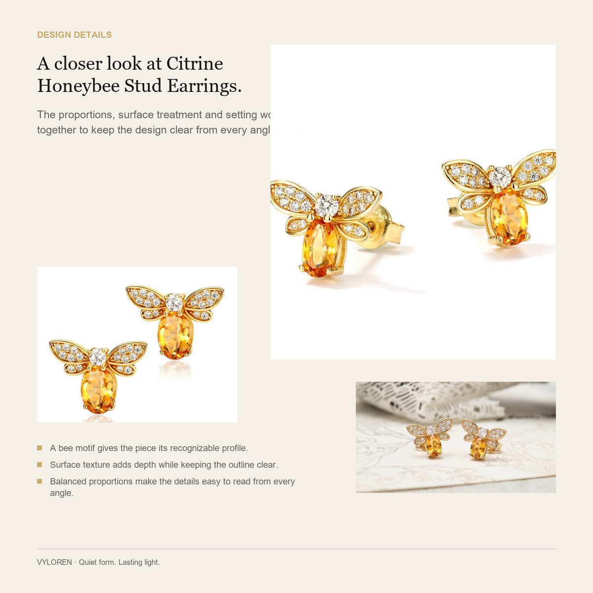 VYLOREN Citrine Honeybee Stud Earrings design details card