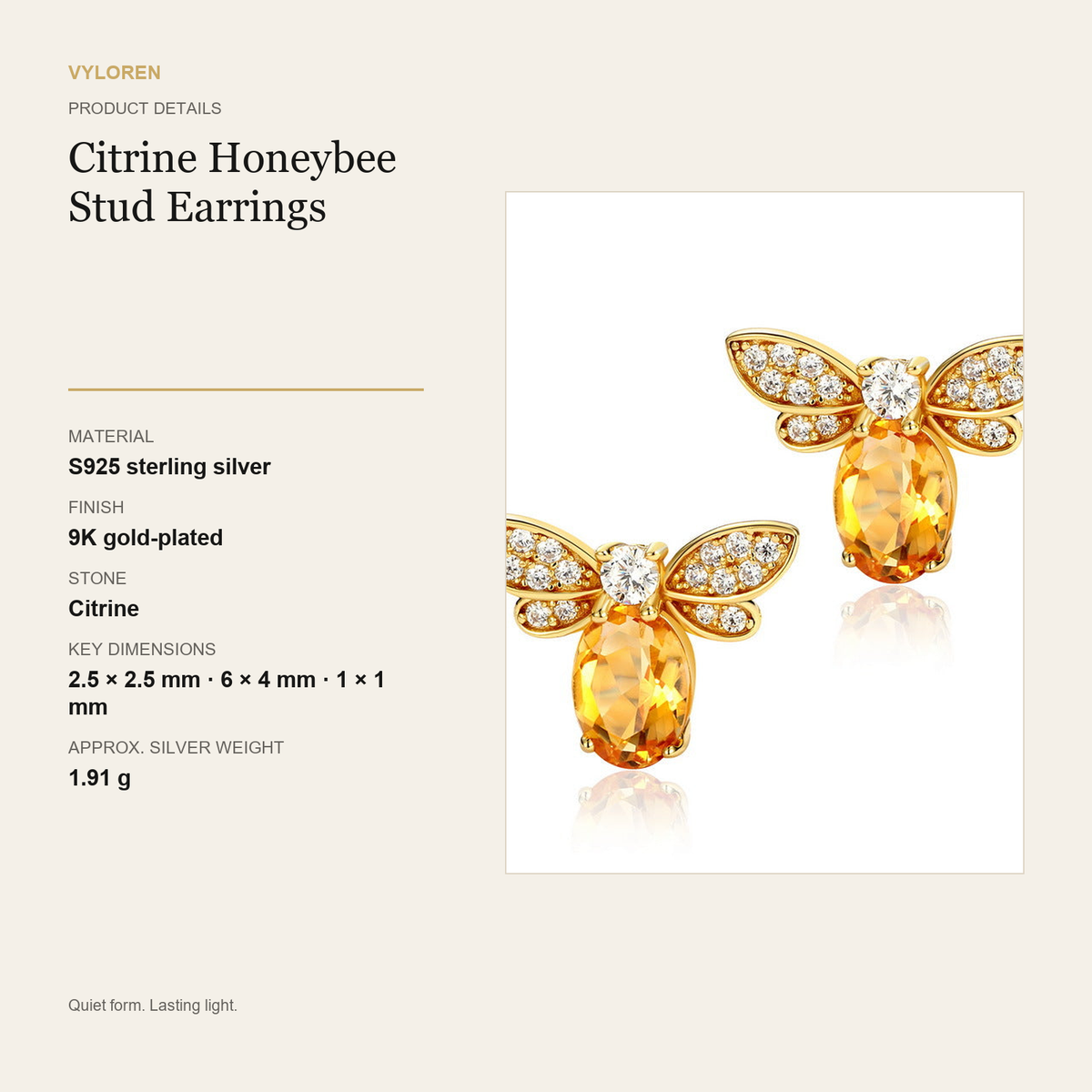 VYLOREN Citrine Honeybee Stud Earrings product details card