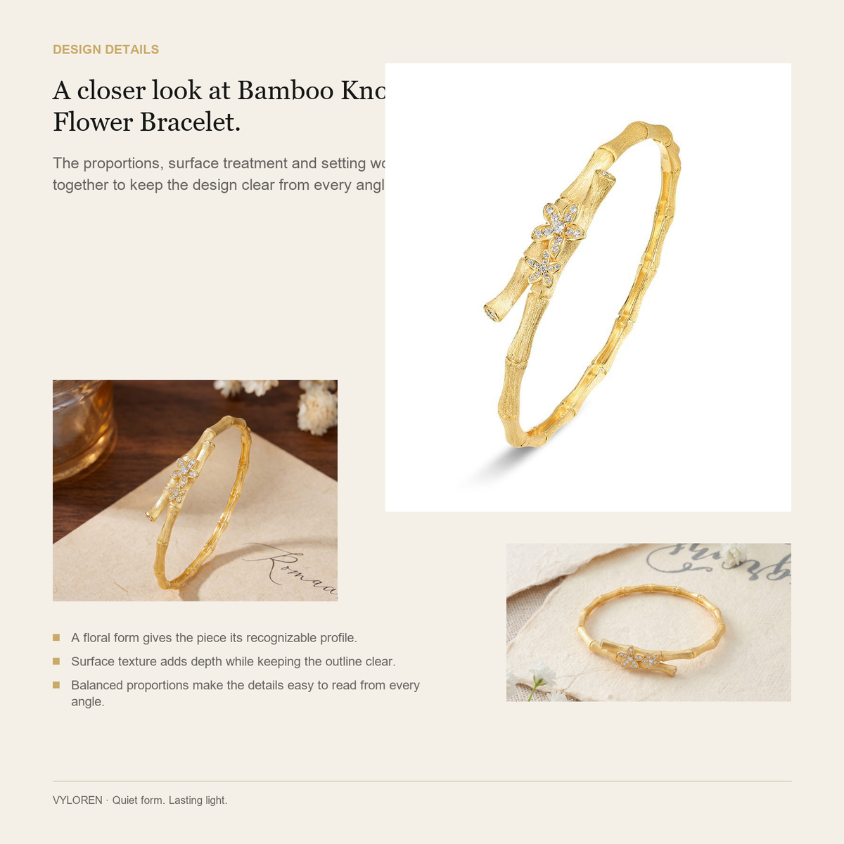 VYLOREN Bamboo Knot Flower Bracelet design details card