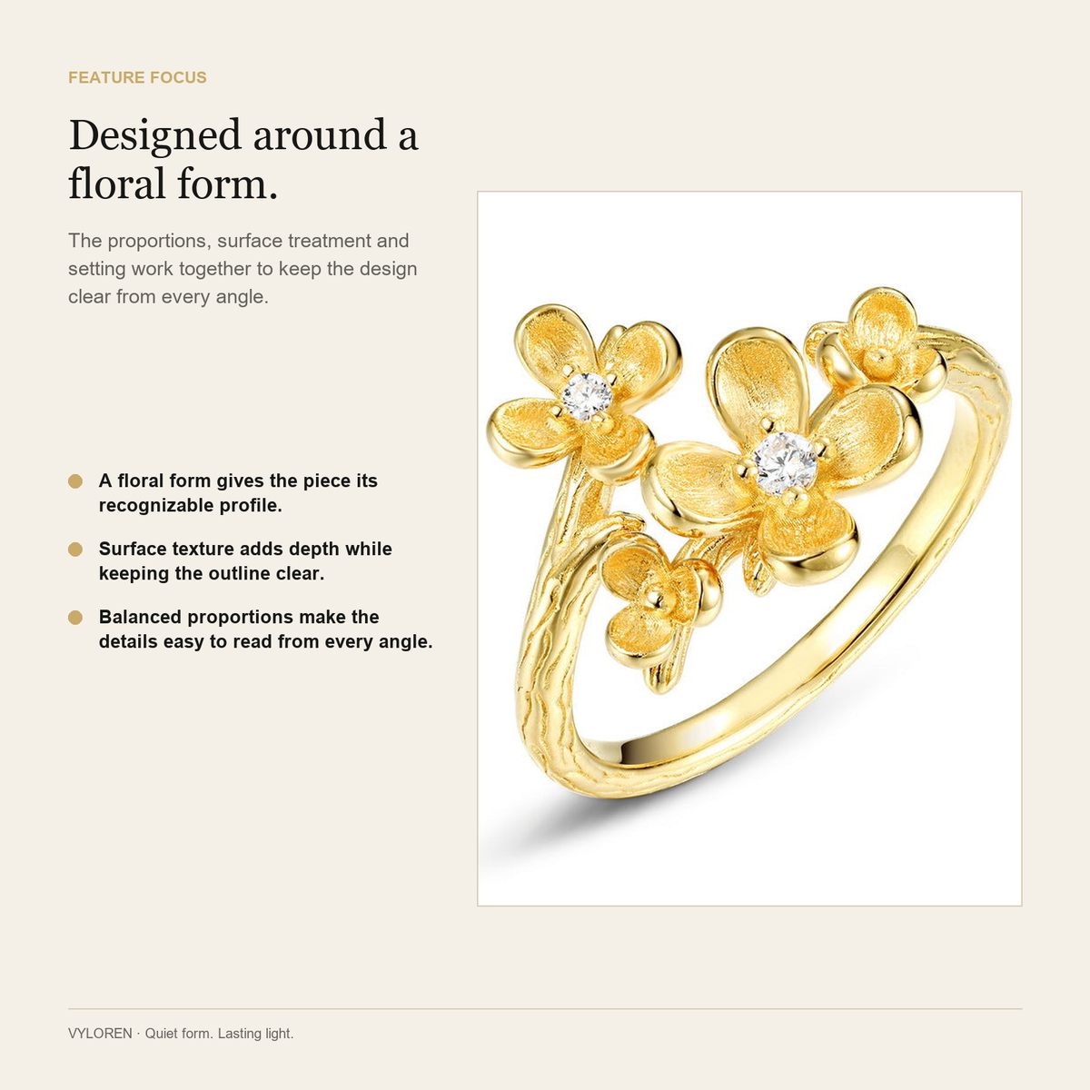 VYLOREN Osmanthus Flower Brushed Open Ring feature focus card