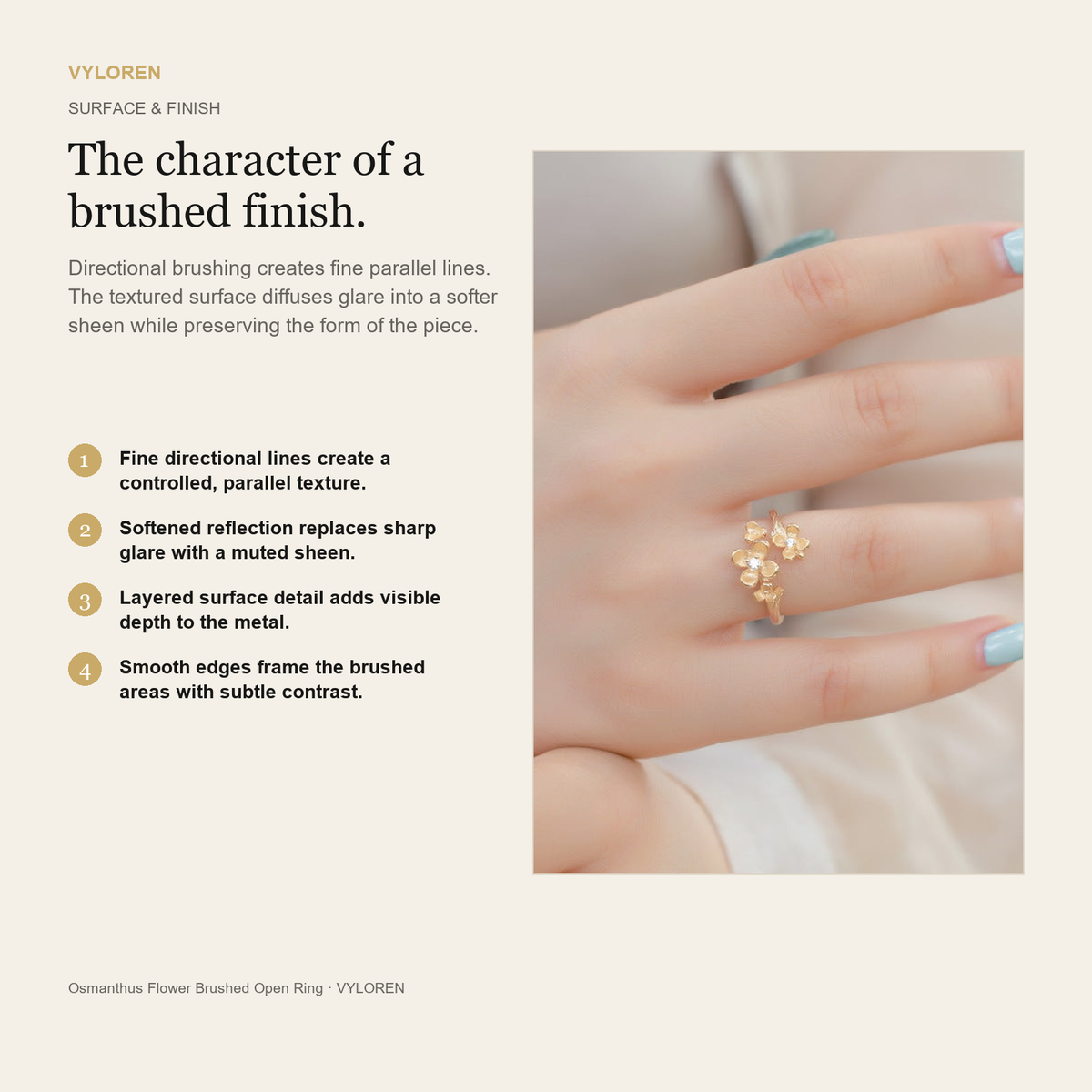 VYLOREN Osmanthus Flower Brushed Open Ring brushed finish card