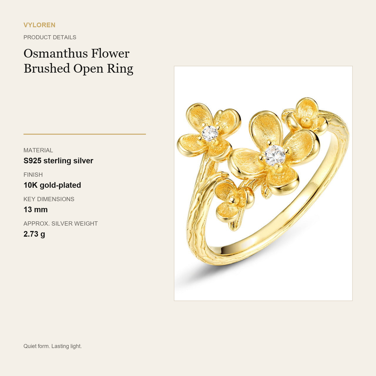 VYLOREN Osmanthus Flower Brushed Open Ring product details card