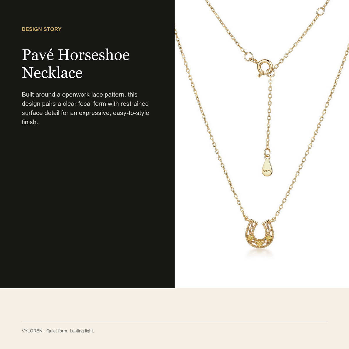 VYLOREN Pavé Horseshoe Necklace design story card