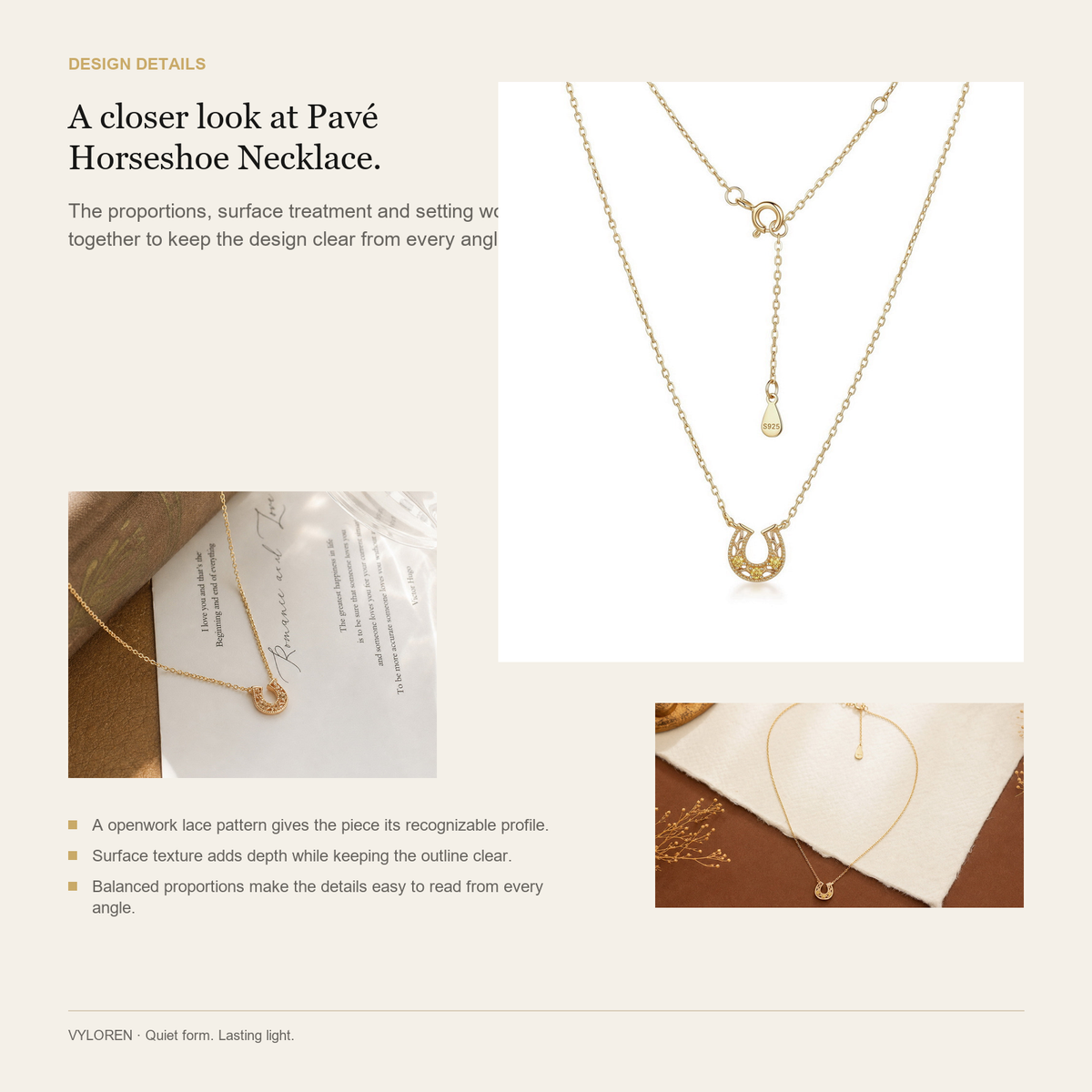 VYLOREN Pavé Horseshoe Necklace design details card