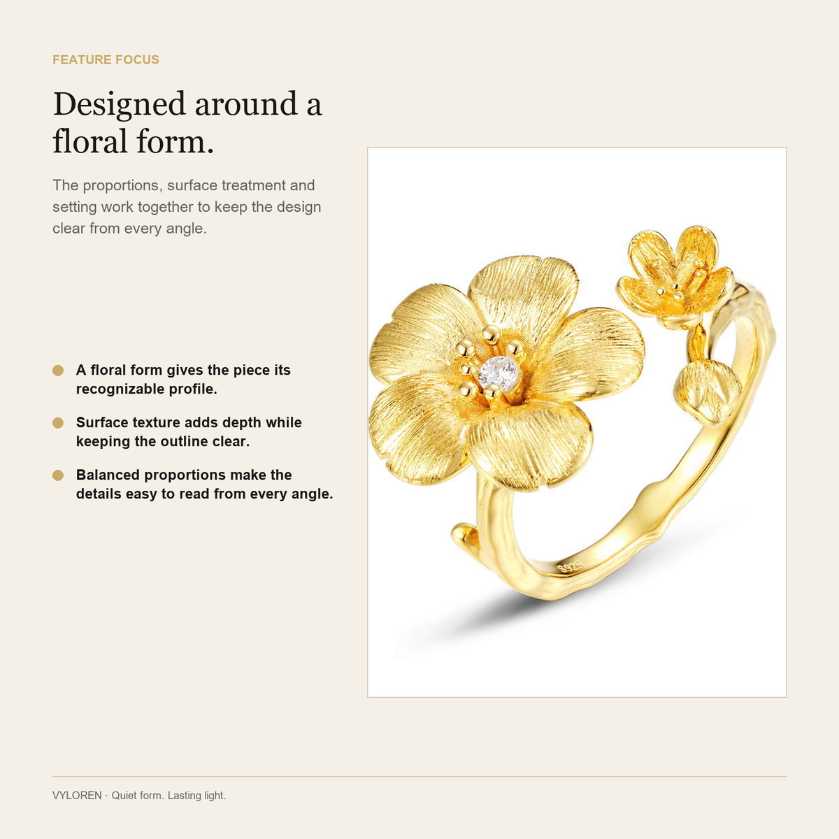 VYLOREN Plum Blossom Brushed Open Ring feature focus card