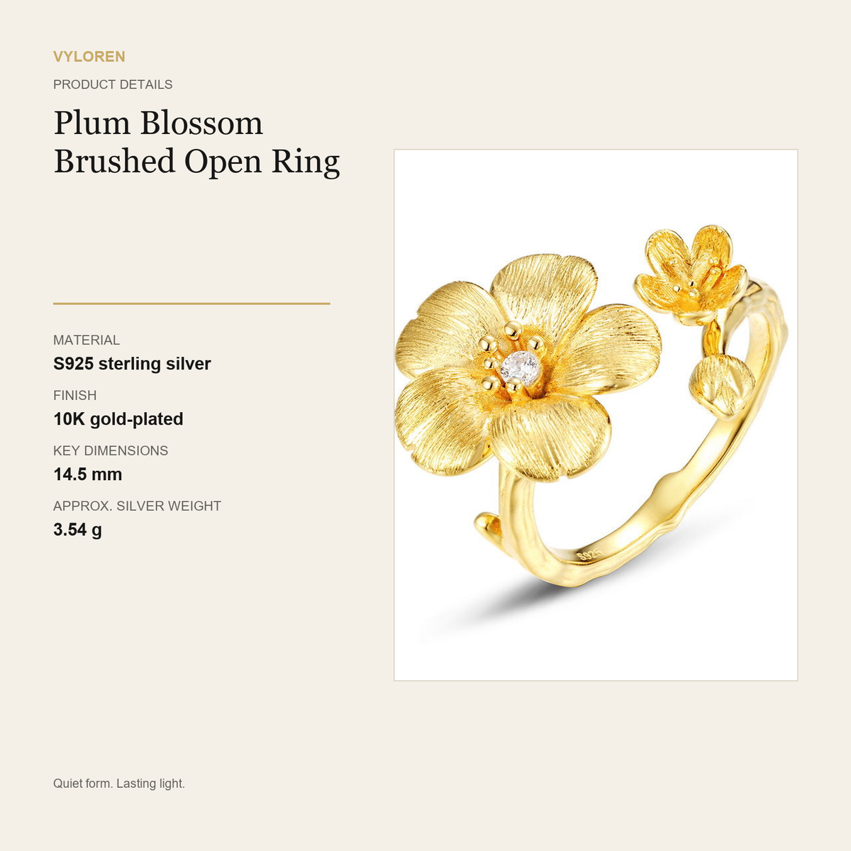 VYLOREN Plum Blossom Brushed Open Ring product details card