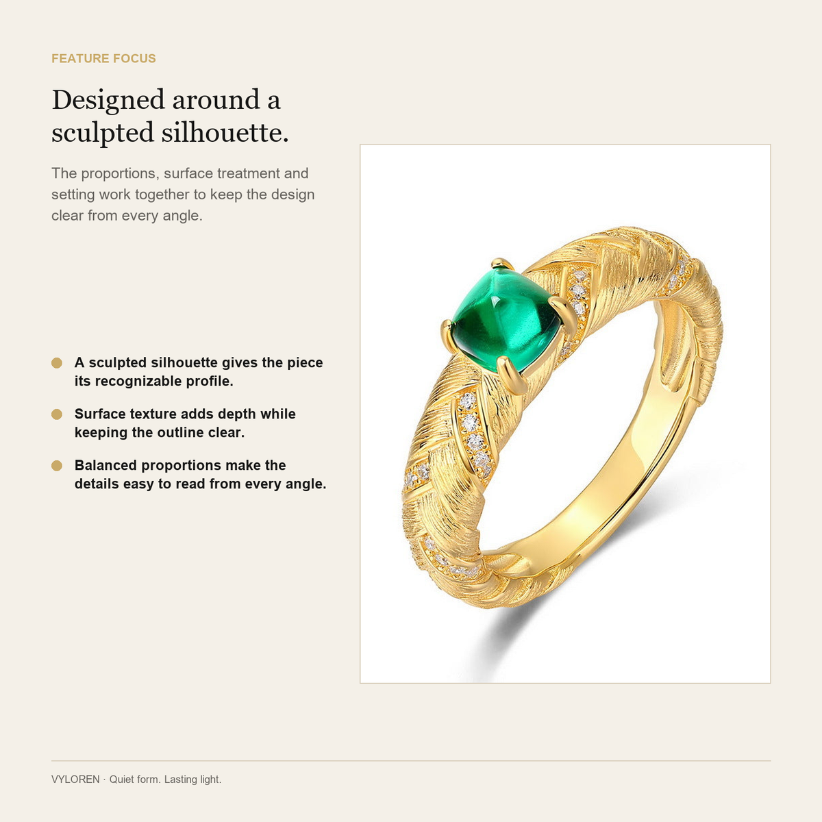 VYLOREN Lab-Grown Emerald Woven Ring feature focus card