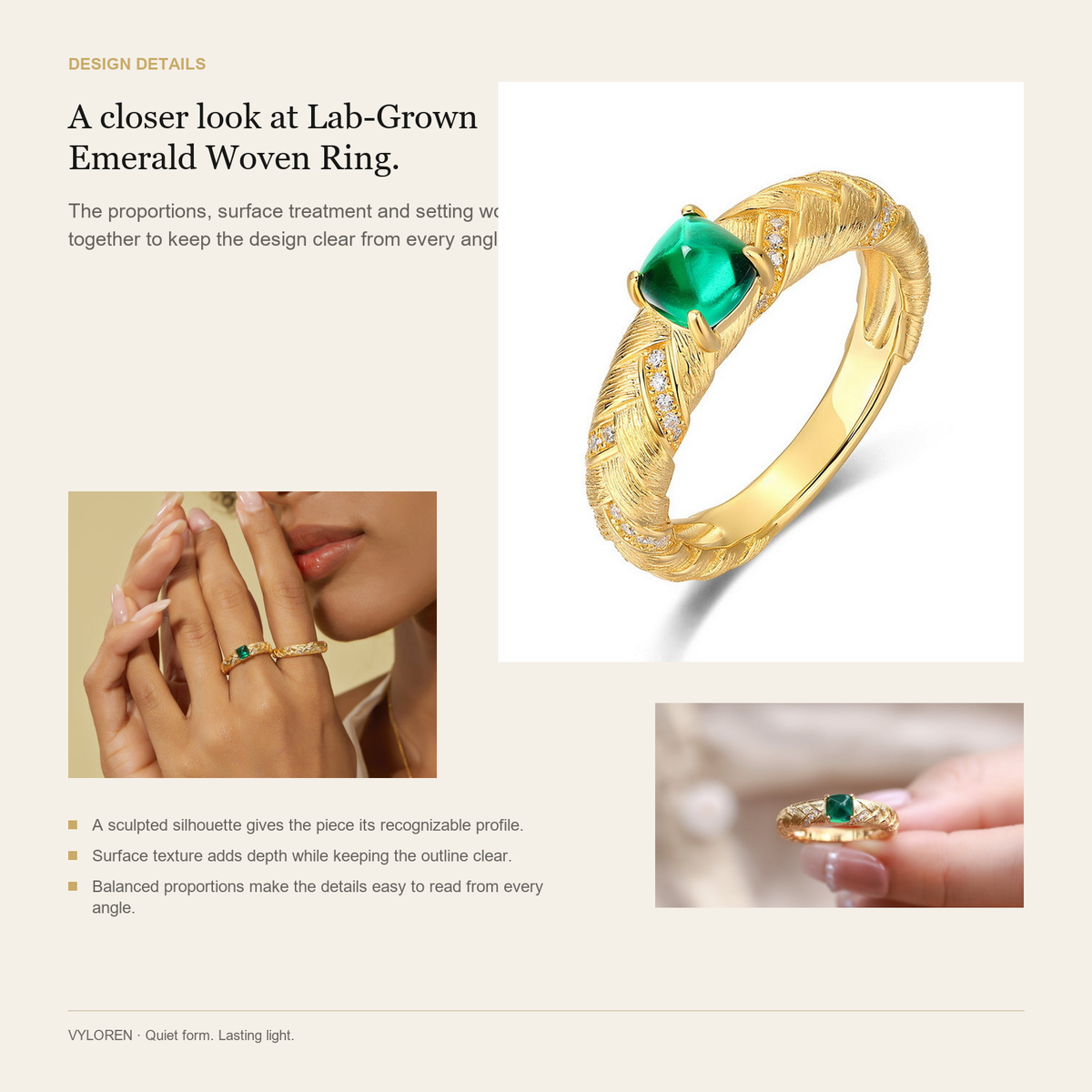 VYLOREN Lab-Grown Emerald Woven Ring design details card