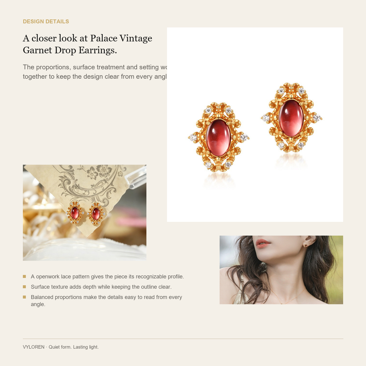 VYLOREN Palace Vintage Garnet Drop Earrings design details card