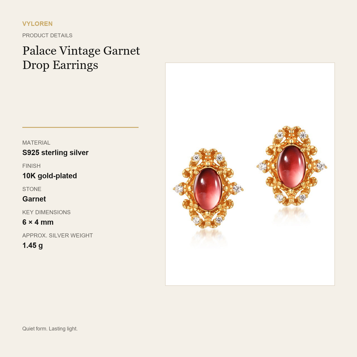 VYLOREN Palace Vintage Garnet Drop Earrings product details card